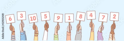 Hands with numbers set concept. Collection of men and women hands holding cards with numbers in random order. Amount of scores in competition or tournament. Votes of judges. Simple vector illustration