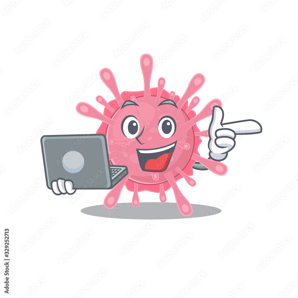 An icon of smart corona virus germ working with laptop