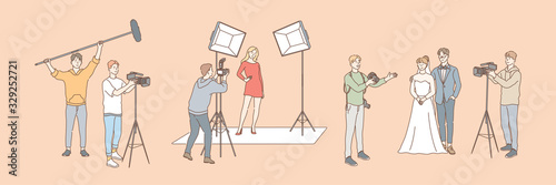 Photography and shooting, journalism set concept. Collection of group men and women, photo and videographers using cameras and shooting video, taking pictures of wedding, model. Simple flat vector