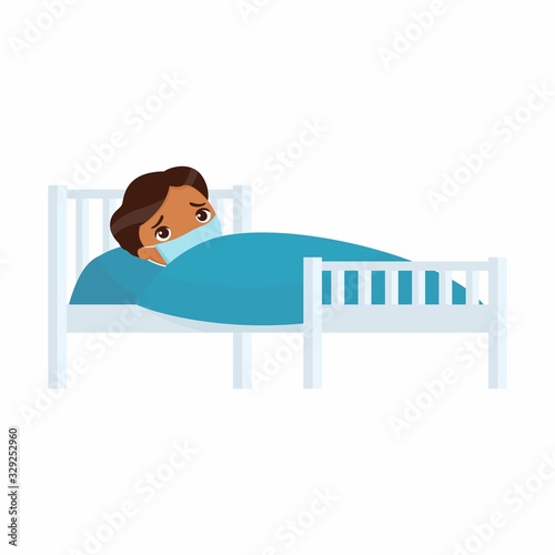 Sick little boy with medical mask in hospital bed flat vector illustration. Child with viral disease  cartoon character.  Kid with cold. Patient relaxing under blanket isolated on white background