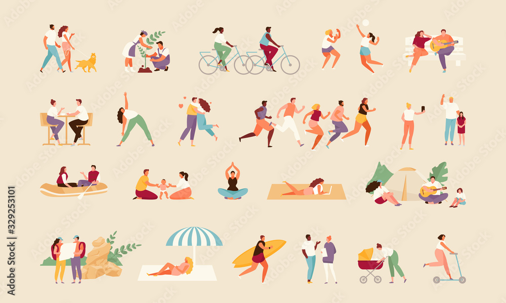 Large collection of summer active people. Recreation and outdoor sports vector illustration - obrazy, fototapety, plakaty 