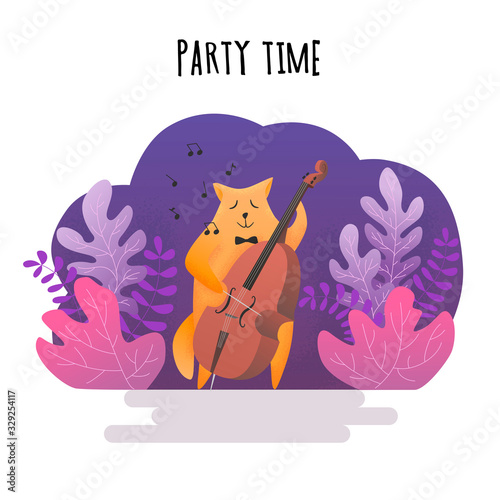 Modern banner flat design with noise and texture. Invitation to jazz music festival. Cover for poster and postcard. Сat plays contrabass among plants. Vector illustration