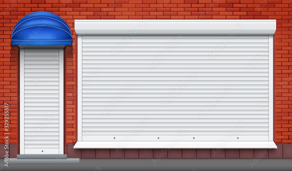 Vector Illustration Of Garage Door In Brick Wall Closed And Open