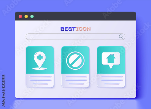 Set Stop sign, Medical map pointer with cross hospital and Map pointer with house icon. Vector