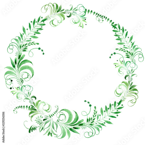 Spring wreath  folk floral pattern style  watercolor illustration green branches and leaves.