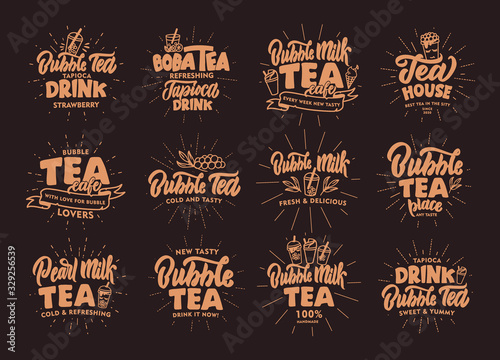 Set of vintage Bubble tea emblems and stamps. Pink and green badges, stickers on dark background with rays