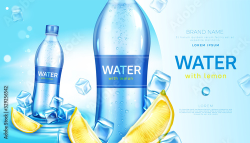 Mineral water with lemon in plastic bottle. Vector realistic brand poster with cold drinking aqua with lime juice on wavy water surface and ice cubes. Promo banner, advertising background