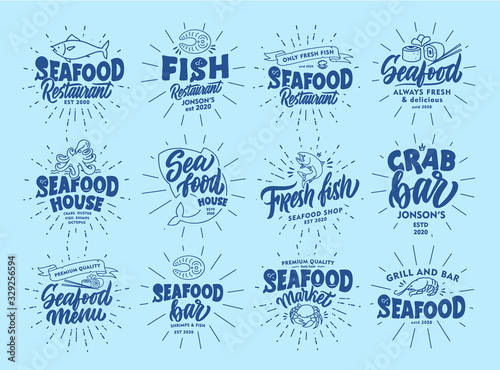 Set of vintage Seafood emblems and stamps. Fish bar badges, stickers on blue background with rays.