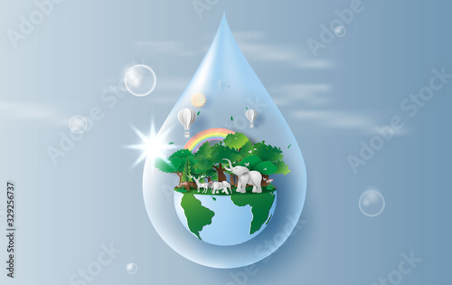 Save water concept of elephants in forest,Creative Origami design world environment and earth day paper cut and craft style.Landscape Wildlife animal with Deer in nature by rainbow and balloons.vector
