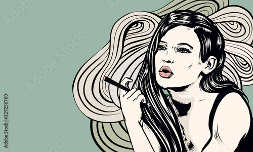 Woman smoking joint. Old fashioned styled vector image