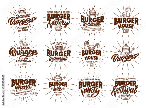 Set of vintage Burger emblems and stamps. Fast food badges, stickers on white background with rays.
