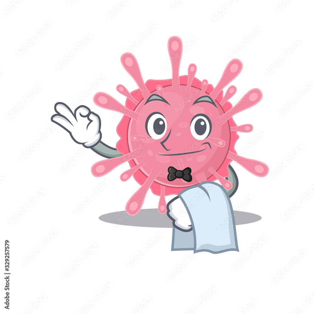 A design of corona virus germ cartoon character working as waiter A design of corona virus germ cartoon character working as waiter