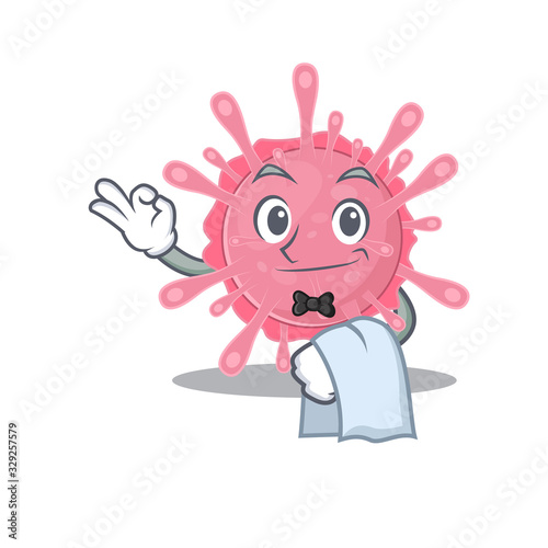 A design of corona virus germ cartoon character working as waiter