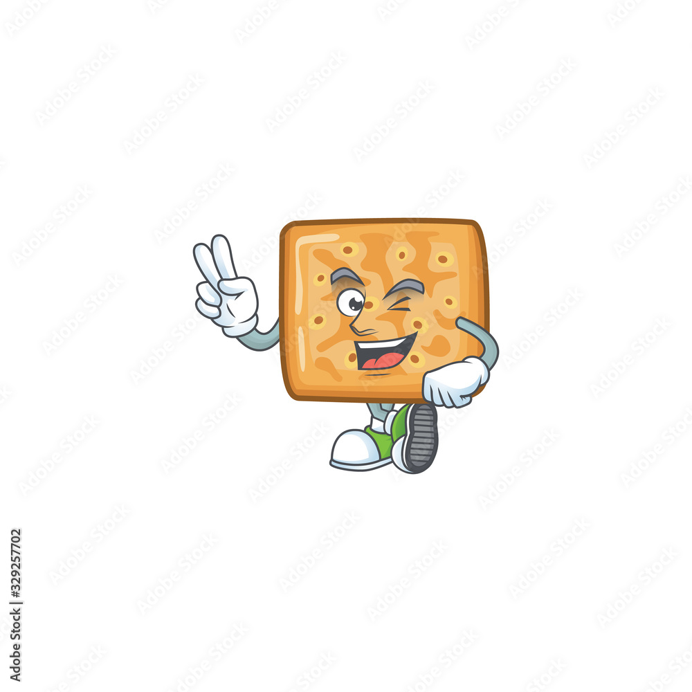 A joyful crackers mascot design showing his two fingers