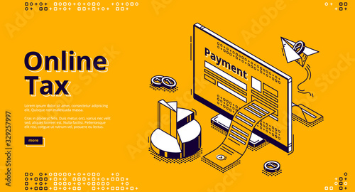 Online tax isometric landing page. Large payment bill coming out of computer desktop screen. Smart technologies for banking accounting, application for internet taxation, 3d vector line art web banner