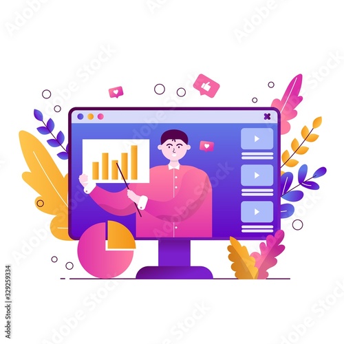 A young blogger analyzes the graph and records the video on the channel to the social network. Vector flat illustration with leaves and hypertrophy character. Scene concept with a large computer