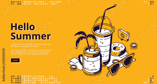 Milkshake cocktails isometric landing page, milk shake drinks in glass jar and plastic cup with straw, donut and sunglasses, sweet dairy beverage, hello summer concept 3d vector line art web banner