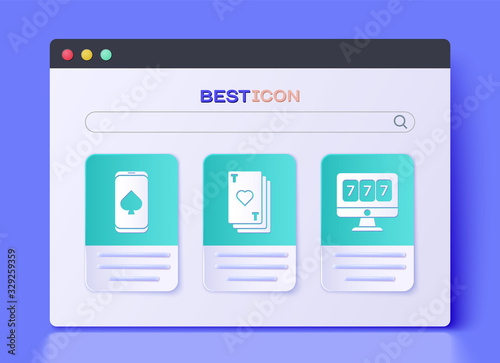 Set Playing card with heart, Online poker table game and Online slot machine with lucky sevens jackpot icon. Vector