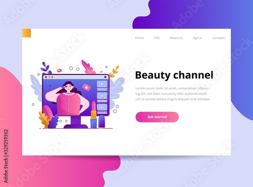 A young beautiful blogger girl does makeup and records videos for the channel on the social network. Template for landing page