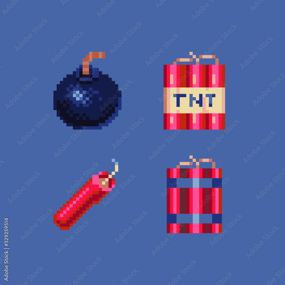 16-bit TNT pixel art style icons set,  bombs and explosive, red dynamite and grenade isolated vector illustration. Design for sticker, mobile app and logo. Game assets.