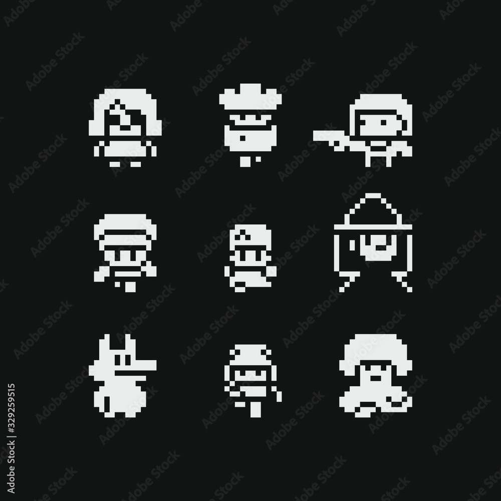 Abstract cute people male and female characters pixel art icons set, design for logo, sticker, stamp, web, mobile app, isolated vector illustration. Game assets 1-bit sprite. Abstract cute people male and female characters pixel art icons set, design for logo, sticker, stamp, web, mobile app, isolated vector illustration. Game assets 1-bit sprite.