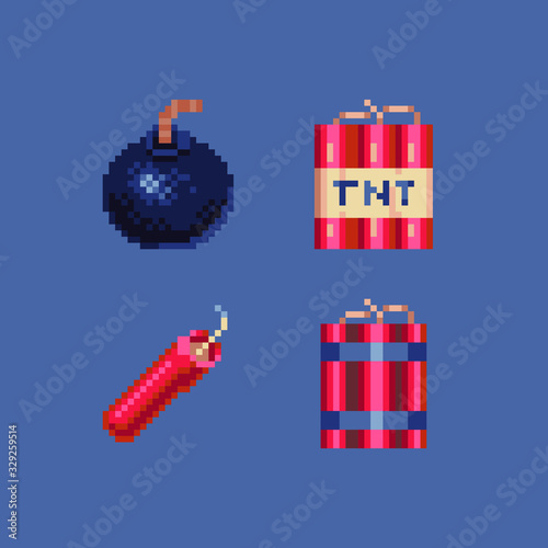 16-bit TNT pixel art style icons set   bombs and explosive  red dynamite and grenade isolated vector illustration. Design for sticker  mobile app and logo. Game assets.