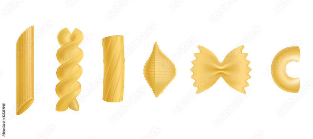 Pasta and macaroni set, dry penne, fusilli, rigatoni, conchiglie, farfalle,  chiferri isolated on white background, design elements for food advertising  Realistic 3d vector illustration, icon, clip art Stock Vector | Adobe Stock