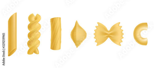 Pasta and macaroni set, dry penne, fusilli, rigatoni, conchiglie, farfalle, chiferri isolated on white background, design elements for food advertising Realistic 3d vector illustration, icon, clip art photo