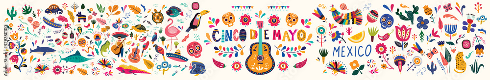 Beautiful vector illustration with design  for Mexican holiday 5 may Cinco De Mayo. Vector template with traditional Mexican symbols skull, Mexican guitar, flowers, Mexican animals