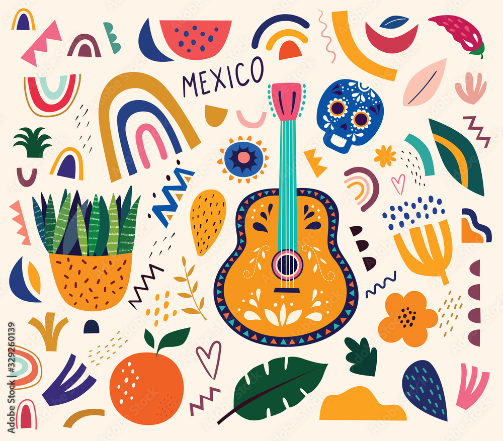 Fototapeta Mexico illustration. Mexican pattern. Vector illustration with design for Mexican holiday 5 may Cinco De Mayo. Vector template with Mexican symbols: Mexican guitar, flowers, red pepper, skull