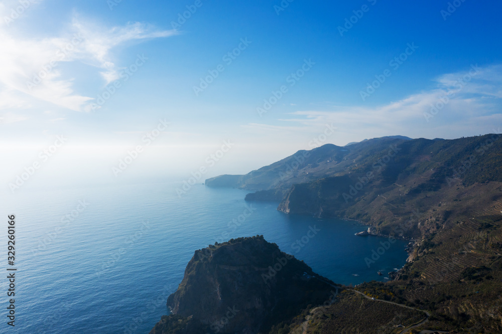An aerial view of the cove of Gazipasa in Antalya Turkey. Sea and mountains with an open sky.