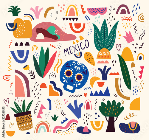 Mexico illustration. Mexican pattern. Vector illustration with design  for Mexican holiday 5 may Cinco De Mayo. Vector template with Mexican symbols  flowers  red pepper  skull
