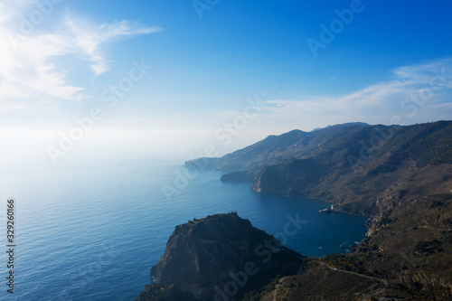 An aerial view of the cove of Gazipasa in Antalya Turkey. Sea and mountains with an open sky.