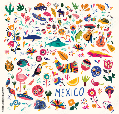 Mexican decorative vector pattern. Map of Mexico with traditional symbols and decorative elements.