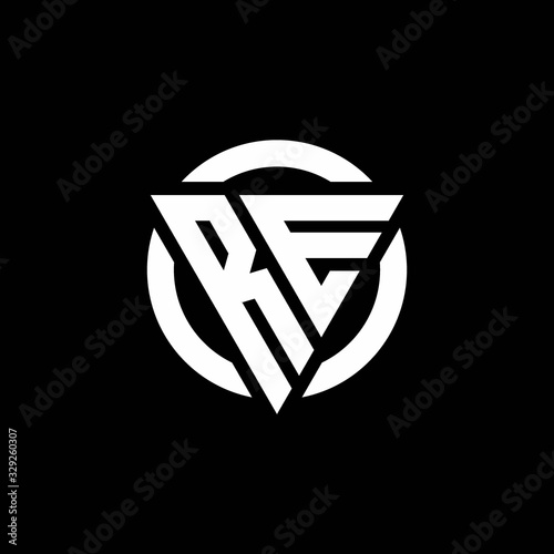 RE logo with triangle shape and circle rounded design template