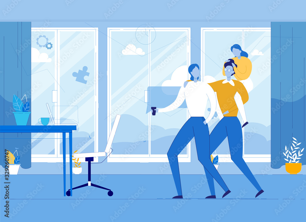Obraz premium Happy Gay Family with Cheerful Kid Spend Time Together at Home. Flat Room Interior. Coffee Pause, Lunch Time. Preparation for Viewing Video Internet Content. Weekends. Vector Cartoon Illustration