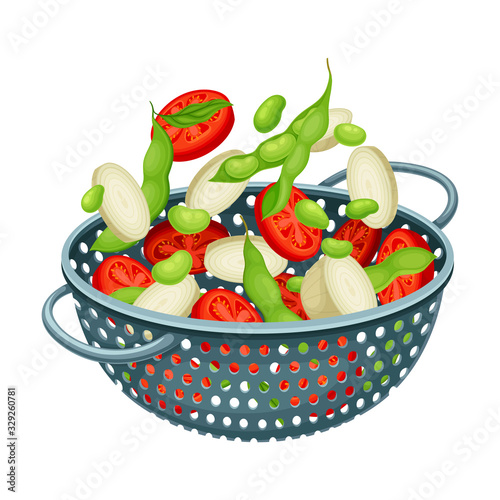 Metal Kitchen Colander or Strainer with Sliced Vegetables Inside Vector Illustration