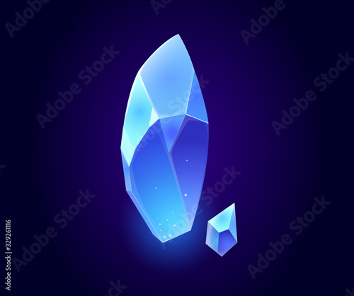 Blue crystal gems, jewel rock mineral stones, isolated natural neon glowing aquamarine gemstones sapphire or quartz glass, jewelry and geology magic computer game item, Cartoon vector illustration