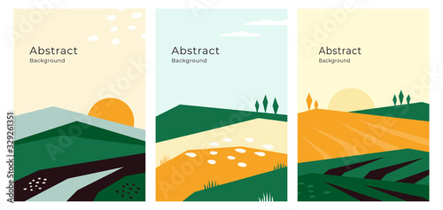 Vector illustrations with farm land, nature, agricultural landscape. Banners with agriculture or farming concept. Set of abstract backgrounds. Design template for flyer, poster, book or brochure cover