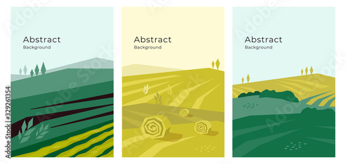 Vector illustrations of landscape, cultivated farm land, nature. Banners with agriculture or farming concept. Set of agricultural backgrounds. Design template for flyer, poster, book or brochure cover