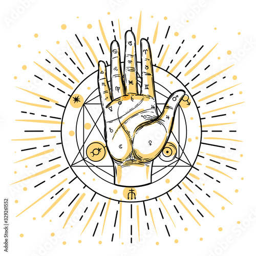 Vintage Hands. Hand drawn sketchy illustration with mystic and occult hand drawn symbols. Palmistry concept. Vector illustration. Spirituality, astrology and esoteric concept.
