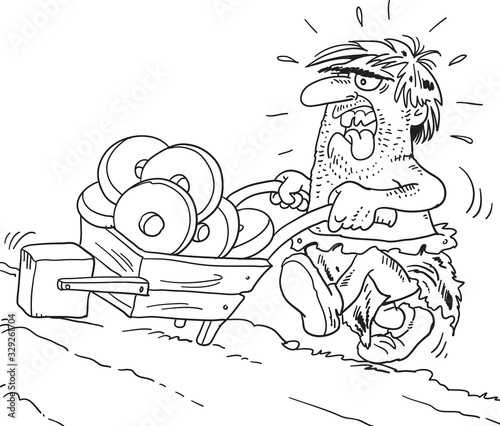 Caveman pushing square cart , vector