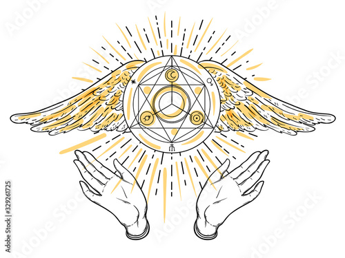 Open hands. Hand drawn illustration. Occult design with angels wings. Dotwork...