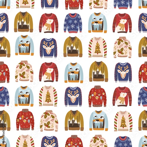 Colorful comfortable knitted winter ugly sweaters seamless pattern. Different cozy woolen christmas season wear vector flat illustration. Various cosiness warm clothing with festive image