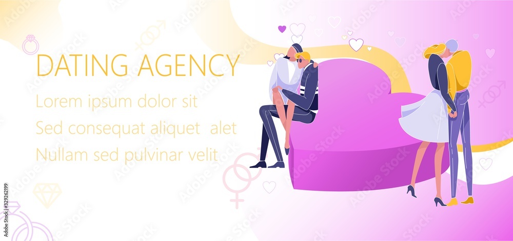 Dating Promotion Banner for Marriage Agency Flat Cartoon Vector Illustration. Couple Having Romantic Meeting. Man and Woman Sitting at Big Heart. Boy and Girl Holding Hands and Kissing.