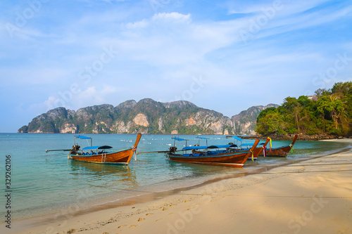 Longtail Boats moored at the Long Beach, Phi Phi Islands, Krabi Province, Thailand