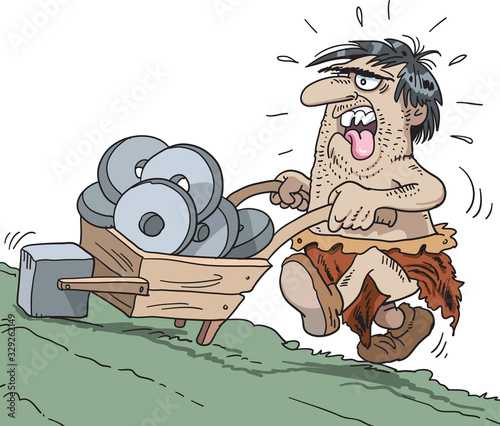 Vector illustration, Caveman pushing square cart.