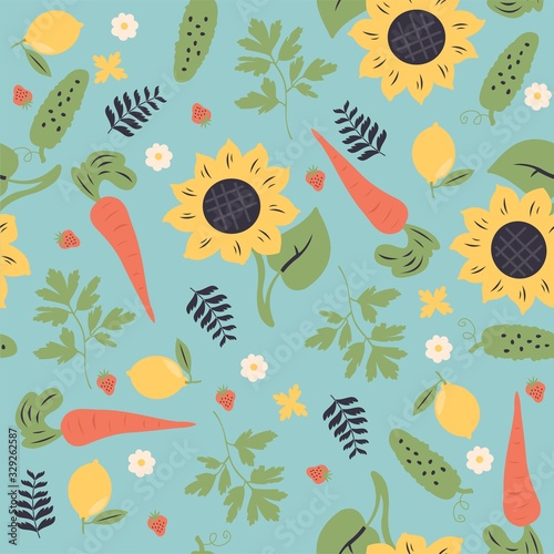 Background with vegetables and flowers. Seamless vector pattern. Summer print. Garden.
