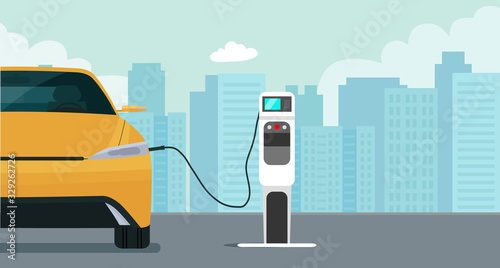 Electric car in a city. Electric car is charging, front view. Vector flat style illustration.