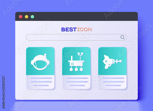 Set Mars rover, Astronaut helmet and Ray gun icon. Vector